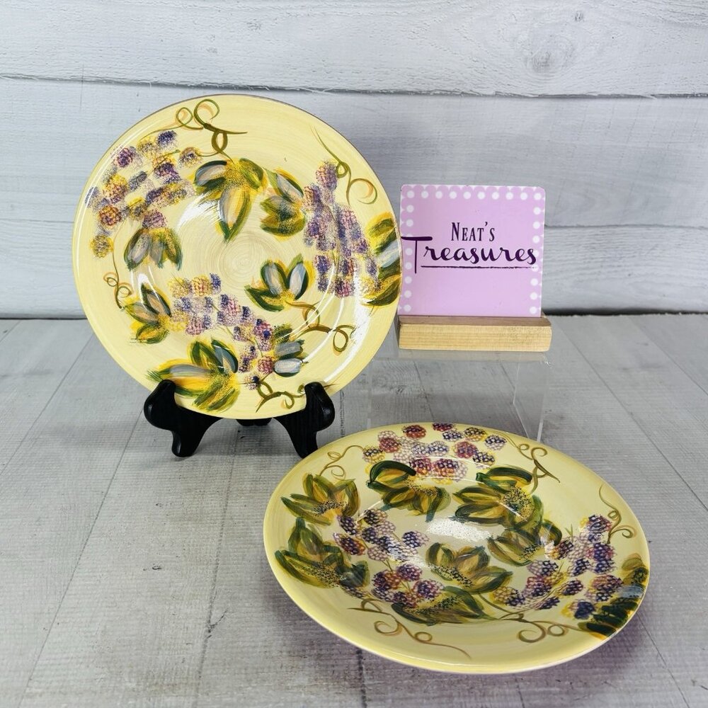 Tabletops VINTAGE WINE Purple Grape Hand Crafted Ceramic Salad Lunch Plate Set 2